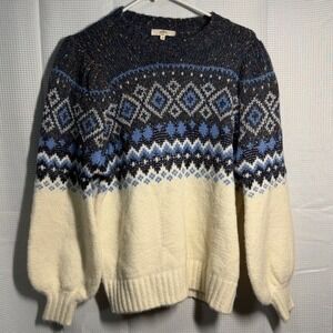 Entro Fair Isle Knit Sweater‎ Small Blue White Puff Sleeve T15141